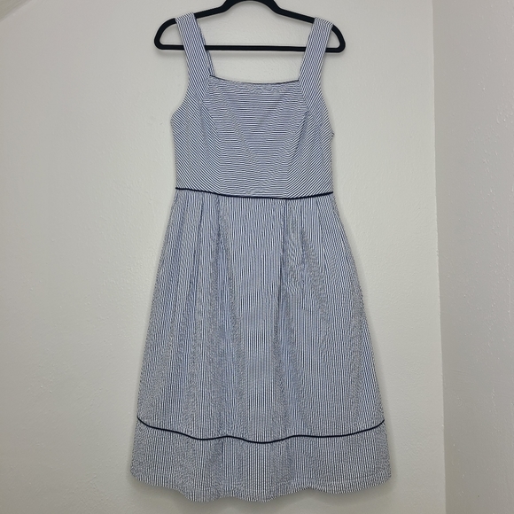 Lands' End Navy Blue White Stripe Seersucker Sundress Pockets Lined Size 6T - Picture 1 of 16